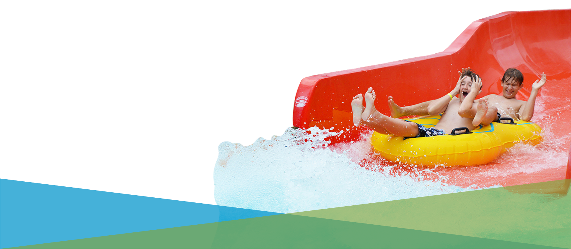 kids on water slide with blue and freen triangle overlay